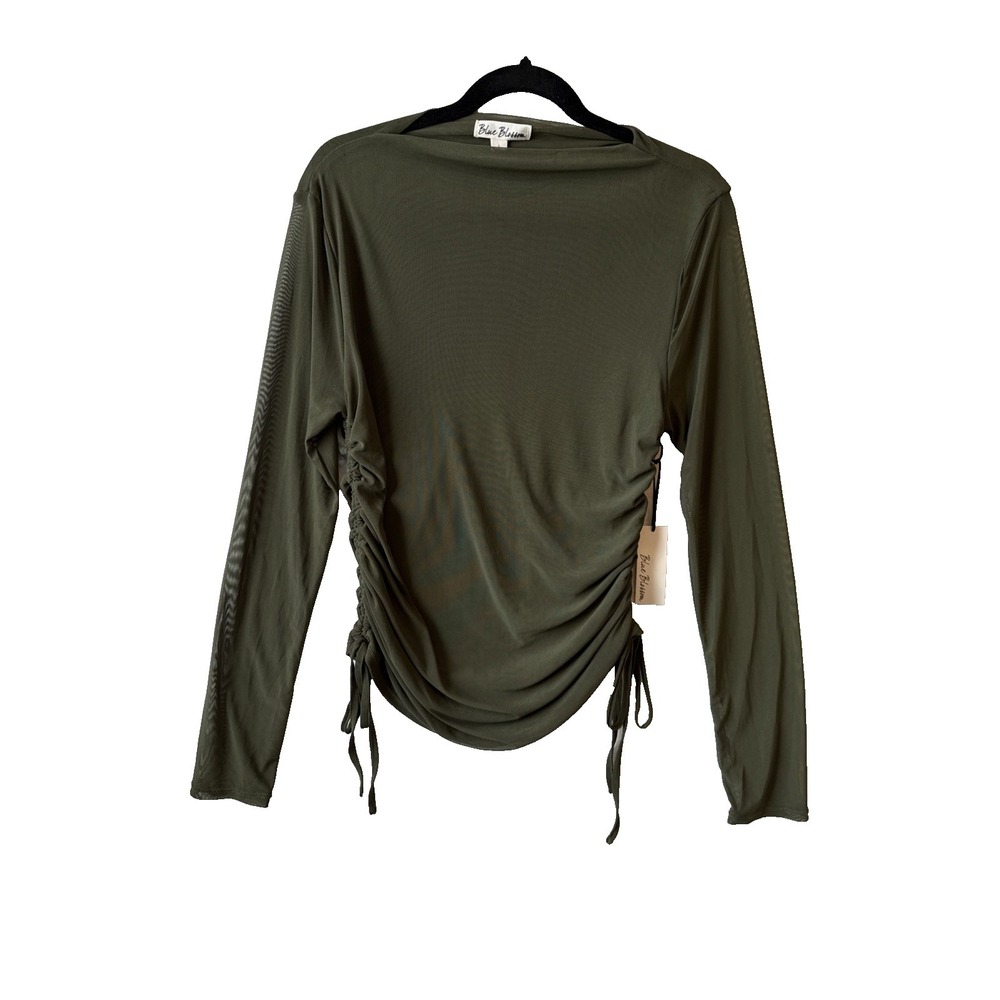 Blue Blossom NWT Olive Green Sheer Mesh Ruched Long Sleeve Top L Layering Resort